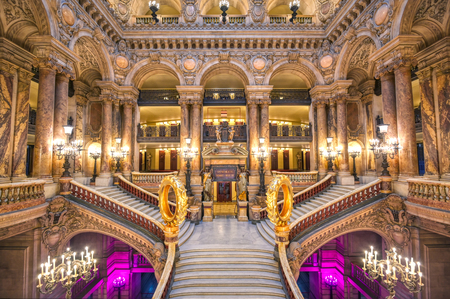 Paris, France - April 23, 2019 - The Grand Staircase at the entry to the Palais Garnier located in Paris, France.のeditorial素材