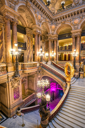 Paris, France - April 23, 2019 - The Grand Staircase at the entry to the Palais Garnier located in Paris, France.のeditorial素材
