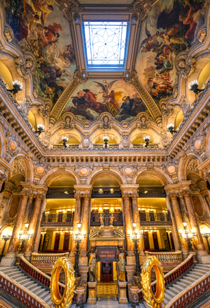 Paris, France - April 23, 2019 - The Grand Staircase at the entry to the Palais Garnier located in Paris, France.のeditorial素材