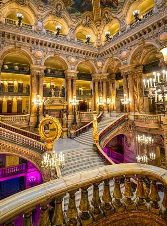 Paris, France - April 23, 2019 - The Grand Staircase at the entry to the Palais Garnier located in Paris, France.のeditorial素材
