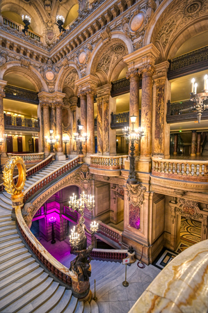 Paris, France - April 23, 2019 - The Grand Staircase at the entry to the Palais Garnier located in Paris, France.のeditorial素材