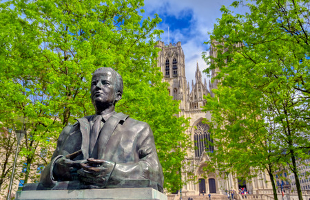 Brussels, Belgium - April 27, 2019 - Statue of Baudouin I, the fifth king of Belgium, in front of St Michael and Gudula cathedral in the heart of Brussels, Belgium.のeditorial素材