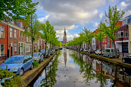 Delft, Netherlands - May 2, 2019 - The canals and waterways in the city of Delft in The Netherlands on a sunny day.のeditorial素材