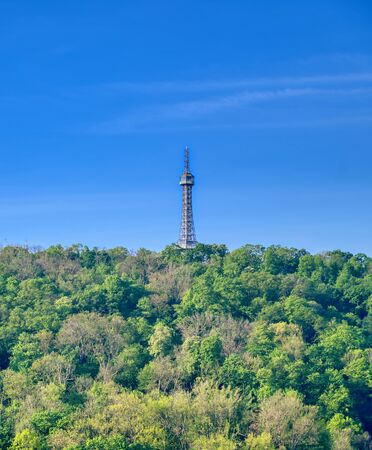 The Petrin Lookout Tower on Petrin Hill in Prague, Czech Republic.の写真素材