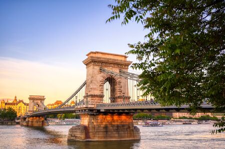 The Chain Bridge across the Danube River in Budapest, Hungary.の写真素材