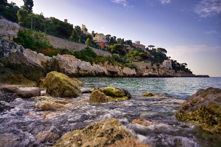 The coastline on the Mediterranean Sea at Nice, France along the French Riviera.の写真素材