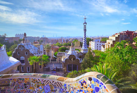 June 16, 2019 - Barcelona, Spain - Park Guell (1914) is the famous architectural town art designed by Antoni Gaudi located in Barcelona, Spain.のeditorial素材