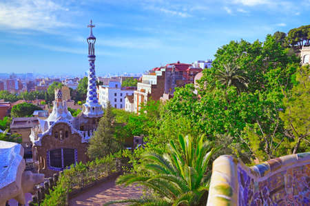 June 16, 2019 - Barcelona, Spain - Park Guell (1914) is the famous architectural town art designed by Antoni Gaudi located in Barcelona, Spain.のeditorial素材