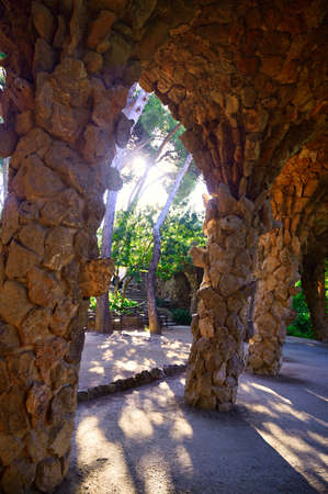 June 16, 2019 - Barcelona, Spain - Park Guell (1914) is the famous architectural town art designed by Antoni Gaudi located in Barcelona, Spain.のeditorial素材