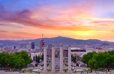 June 15, 2019 - Barcelona, Spain -  The four columns below the Palau Nacional on the Montjuic mountain and near the Placa d'Espanya and Poble Espanyol in Barcelona, Spain.のeditorial素材