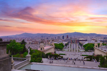 June 15, 2019 - Barcelona, Spain -  The four columns below the Palau Nacional on the Montjuic mountain and near the Placa d'Espanya and Poble Espanyol in Barcelona, Spain.のeditorial素材