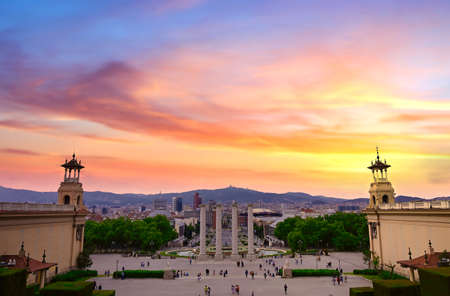 June 15, 2019 - Barcelona, Spain -  The four columns below the Palau Nacional on the Montjuic...
