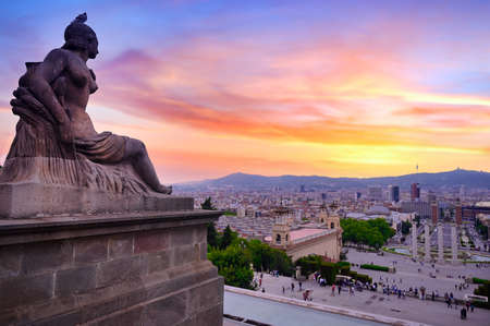 June 15, 2019 - Barcelona, Spain -  The four columns below the Palau Nacional on the Montjuic mountain and near the Placa d'Espanya and Poble Espanyol in Barcelona, Spain.のeditorial素材
