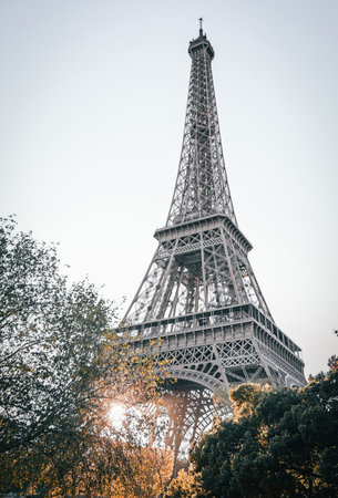 The Eiffel Tower in Paris, France during autumn with warm seasonal tones and soft natural light....