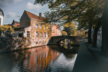 Scenic canals and historic medieval architecture in Bruges, Belgium, featuring traditional Flemish...