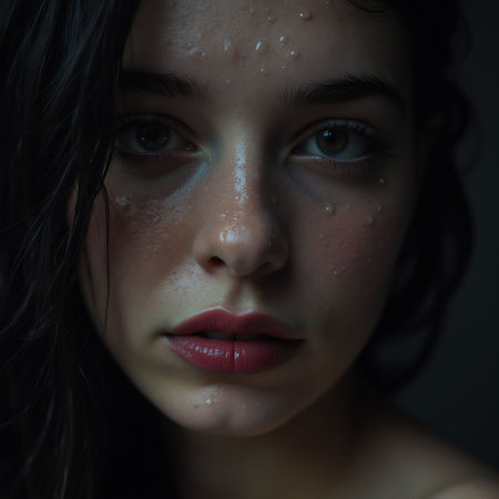 Portrait of young beautiful woman with wet face and wet hair.の素材