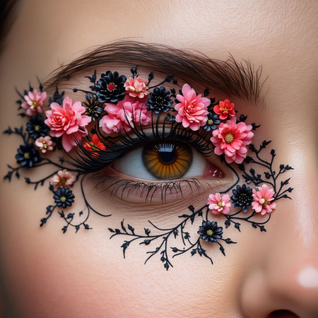 Close up portrait of beautiful woman's eye with fantasy floral make upの素材