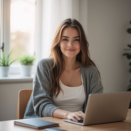 Portrait of a beautiful young woman sitting at a table in front of a laptop.の素材