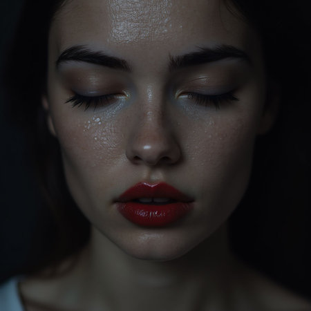 Portrait of beautiful young woman with red lips and closed eyes.の素材