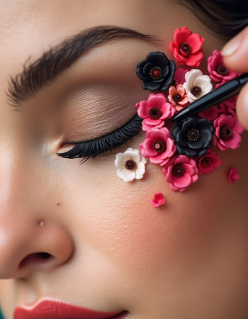 Close-up portrait of a beautiful young woman with professional make-up and flowers in her hairの素材