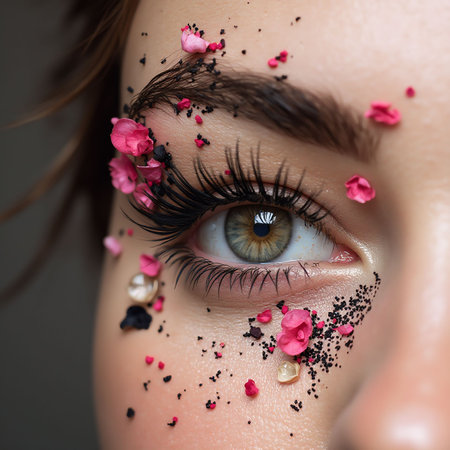 Close up shot of beautiful woman's eye with makeup and flower petalsの素材