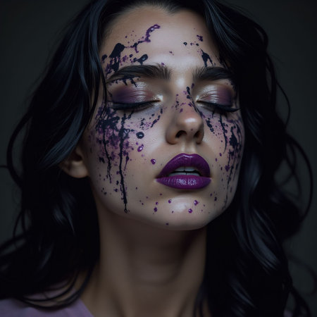 Closeup portrait of young woman with blood on face and purple makeupの素材