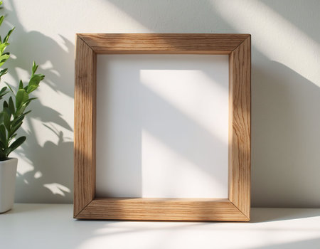 Wooden photo frame on the white wall. 3d rendering.の素材