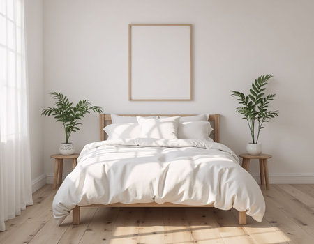 Interior of modern bedroom with white walls, wooden floor, comfortable king size bed with white linen and vertical mock up poster frame. 3d renderingの素材