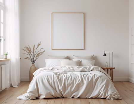 Interior of modern bedroom with white walls, wooden floor, comfortable king size bed with white linen and vertical mock up poster frame. 3d renderingの素材