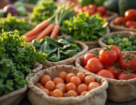 Variety of fresh vegetables in baskets at farmers market, closeupの素材