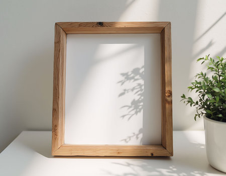 Wooden photo frame on white table with plant. Mock up, 3D Renderingの素材