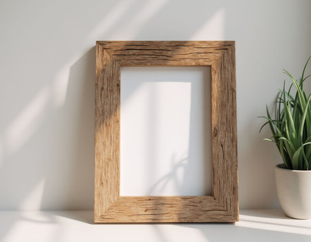 Wooden photo frame mockup on white wall. 3d renderの素材