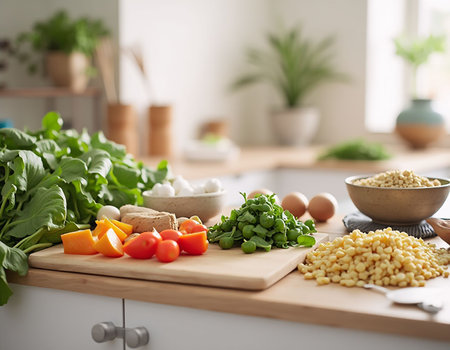 Fresh vegetables on cutting board in modern kitchen. Healthy eating concept.の素材