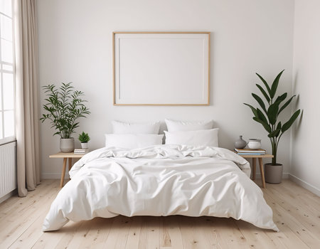 Interior of modern bedroom with white walls, wooden floor, comfortable king size bed with white linen and vertical mock up poster frame. 3d renderingの素材