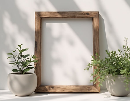 Wooden frame on a white wall with a plant in a potの素材