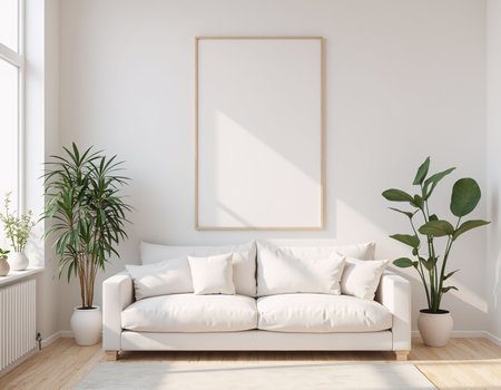 Interior of modern living room with white walls, wooden floor, white sofa and vertical mock up poster frame. 3d renderingの素材