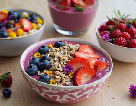 Healthy breakfast bowl with muesli, berries and yogurt, selective focusの素材