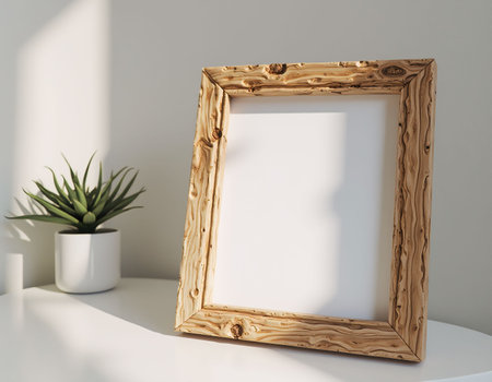 Wooden picture frame on a white table. 3d rendering mock upの素材