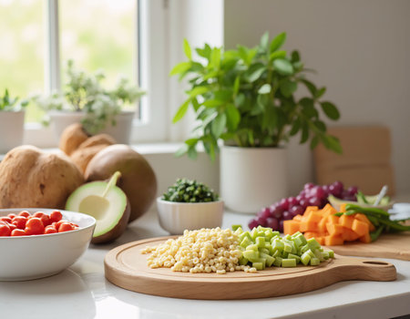 Fresh vegetables and couscous on the kitchen table. Healthy food conceptの素材
