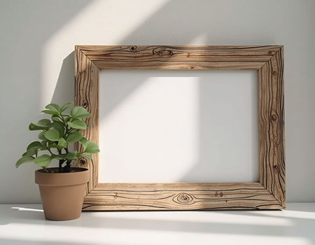 Wooden frame with plant in pot on white wall. 3d renderの素材