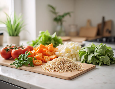 Sesame seeds on a wooden cutting board with vegetables in the backgroundの素材