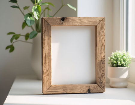Wooden photo frame on a white table in a room with green plantsの素材