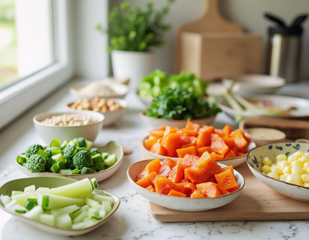 Ingredients for vegetable salad on a white kitchen table. Healthy food conceptの素材