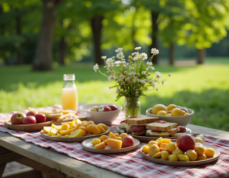Picnic in the park with fruit and juice on a wooden tableの素材