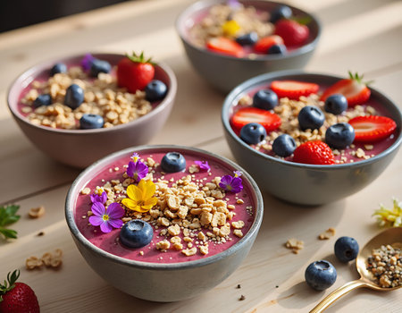 Healthy breakfast bowl with oatmeal, berries and muesliの素材