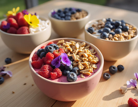 Healthy breakfast bowl with muesli, berries and nuts on wooden tableの素材