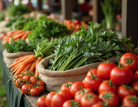 Bags of fresh organic vegetables on the counter of a farmers marketの素材