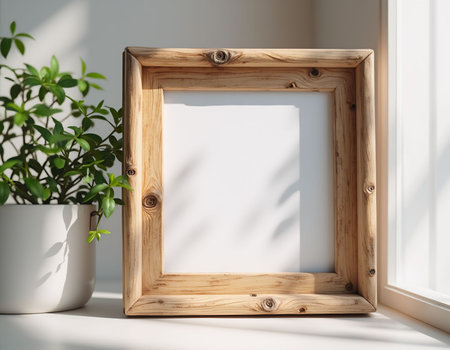 Wooden frame on a white wall and a plant in a potの素材