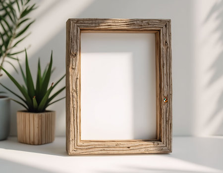 Wooden photo frame on white background with plants. 3d renderの素材