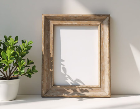 Wooden picture frame with plant on white background. 3d renderの素材